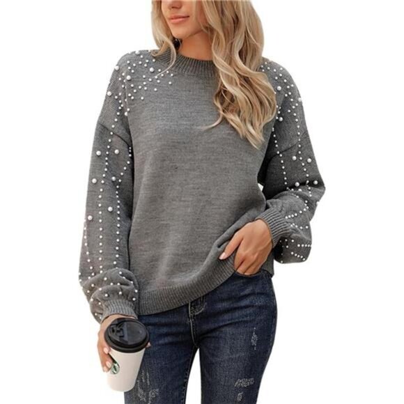 Women’s Chunky Sweater – Crewneck Knit Pullover with Lantern Sleeves & Pearls - Picture 1 of 7